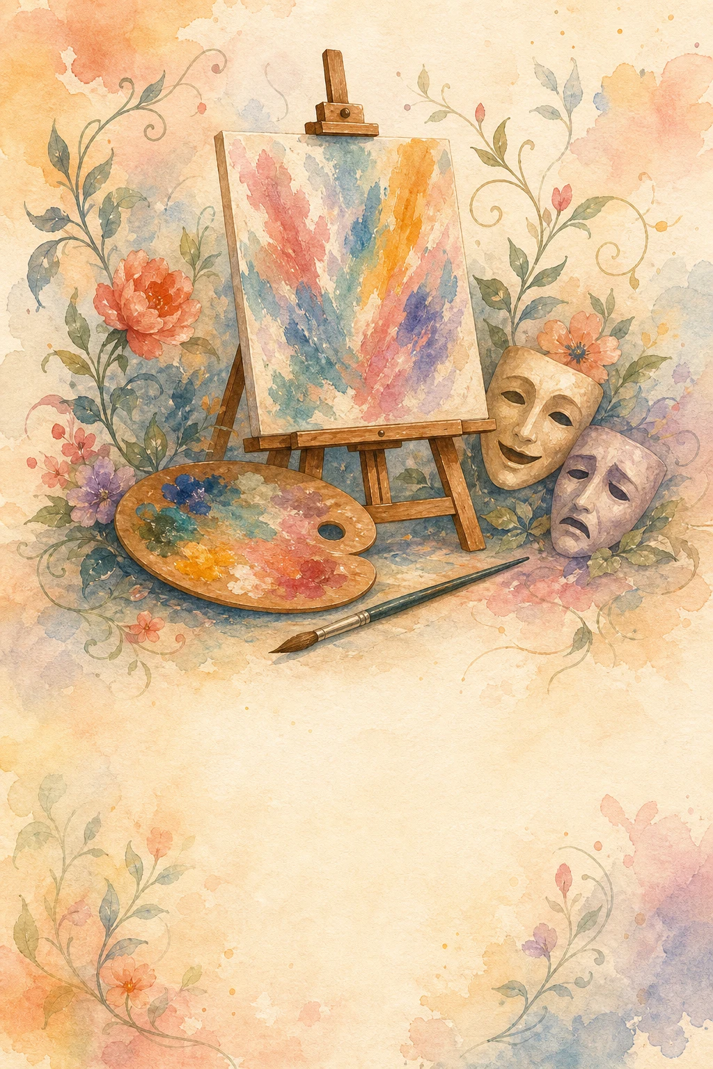 Illustration of an easel, masks, paint palette, brush, and flowers.
