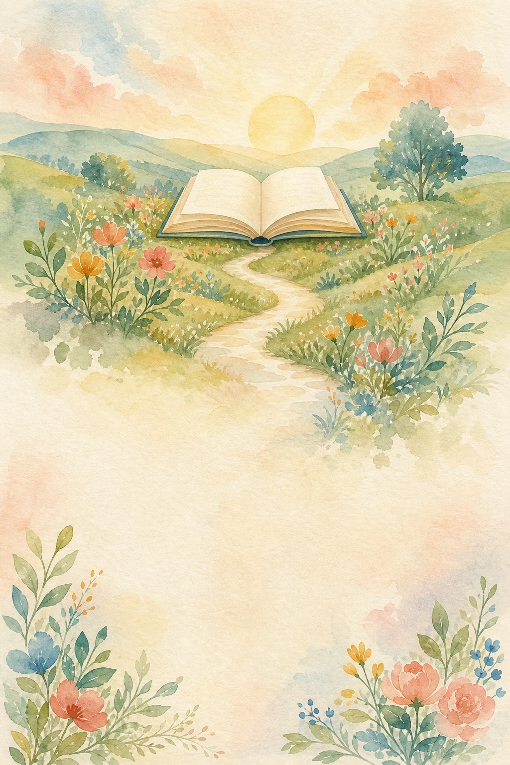 Illustration of an open book surrounded by flowers and a winding path.