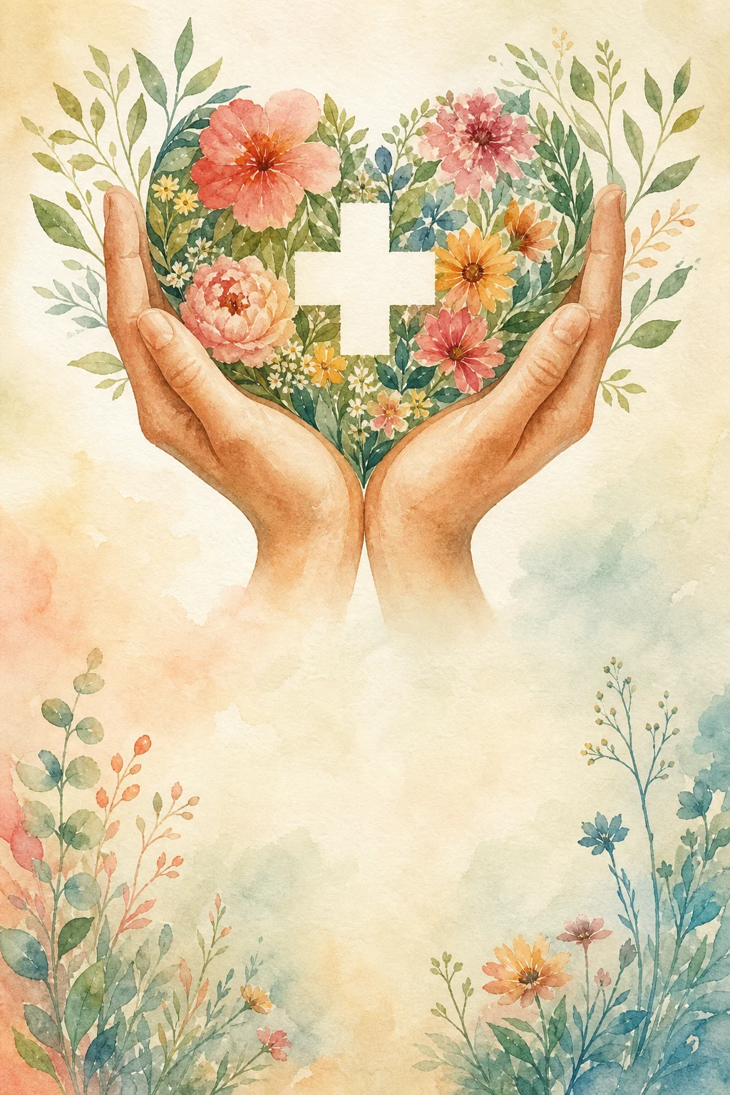 Illustration of caring hands holding a floral heart and health symbol.