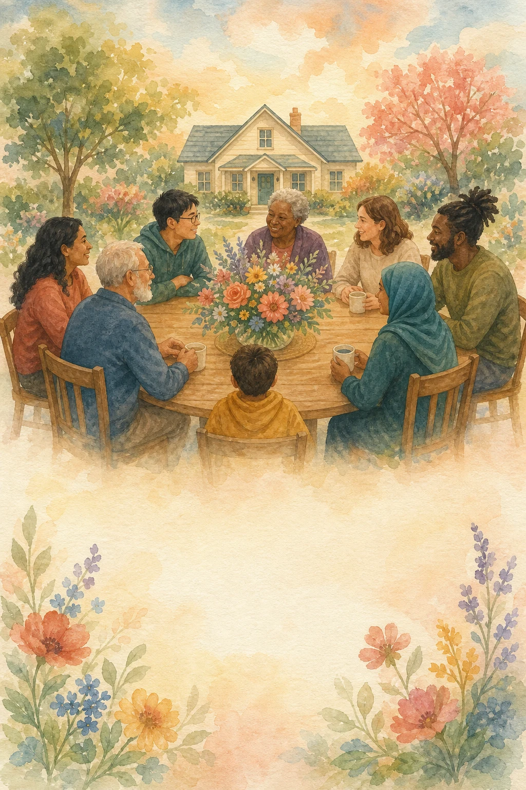 Illustration of people gathered around a table near a welcoming home and flowers.