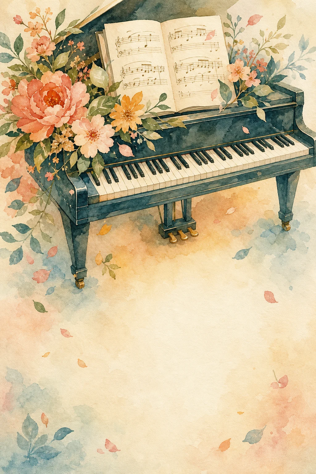 Illustration of piano keys, sheet music, flowers, and floating notes.